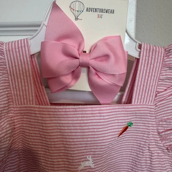 Easter Pink Striped Seersucker Kids Dress with Bow and Bloomers - NWT - Picture 2 of 6